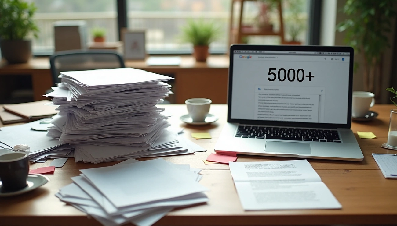 An office atmosphere. A bunch of paper, coffee cups and a laptop computer sitting the table with the word article word count 5000+ is displayed on the computer screen.