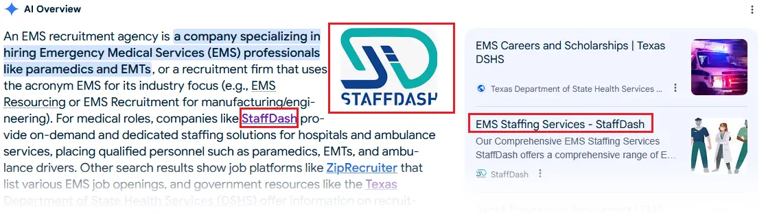 A screenshot of my client's website got featured on AI overview even though it was ranking at position seven on Google SERPs.