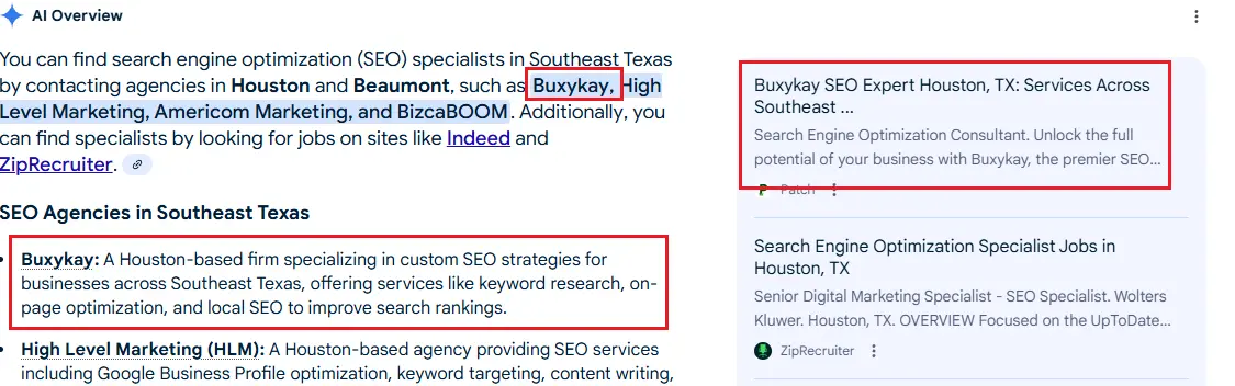 This is a screenshot of Buxykay SEO services featured in Google AI Overview for the term "search engine optimization specialist in Southeast Texas".