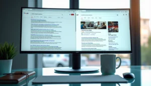 A split-screen monitor showing search result snippets from AI Overviews