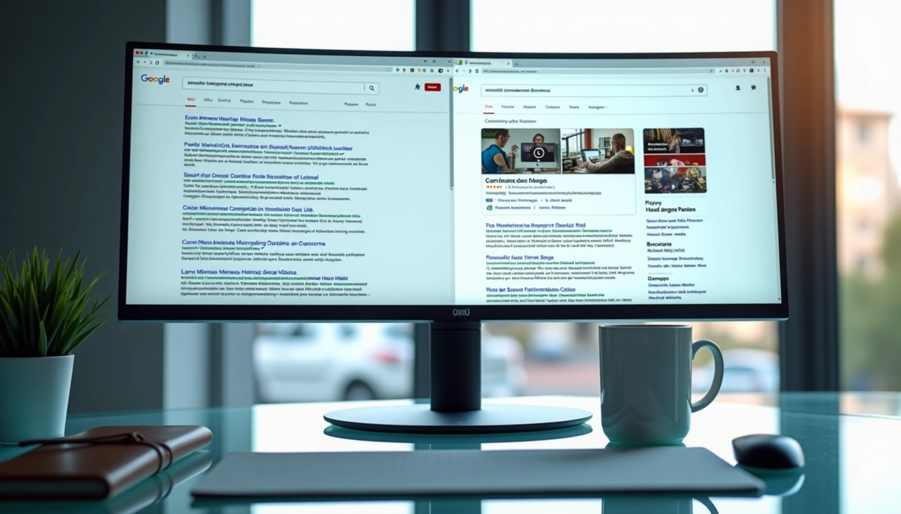 A split-screen monitor showing search result snippets from AI Overviews