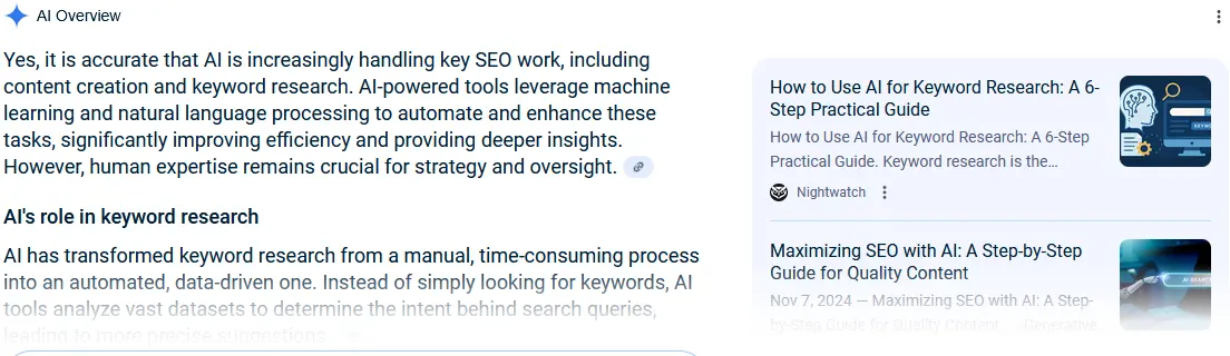 A screenshot of what AI Overview returned when I typed "Is it accurate that AI now increasingly handles key SEO work" into Google search.