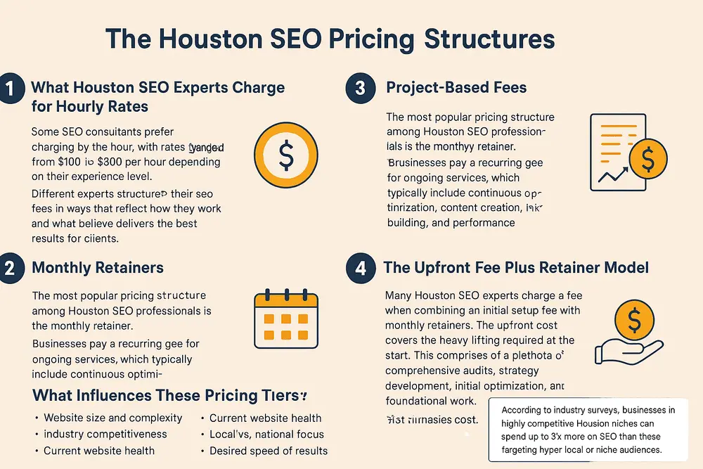 This image is an infographic that explains the various pricing structures of SEO services in Houston, TX.