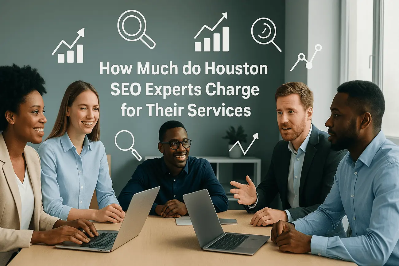 A modern office with professionals collaborating around a table. The subject of discussion is how much do Houston SEO experts charge for their services.