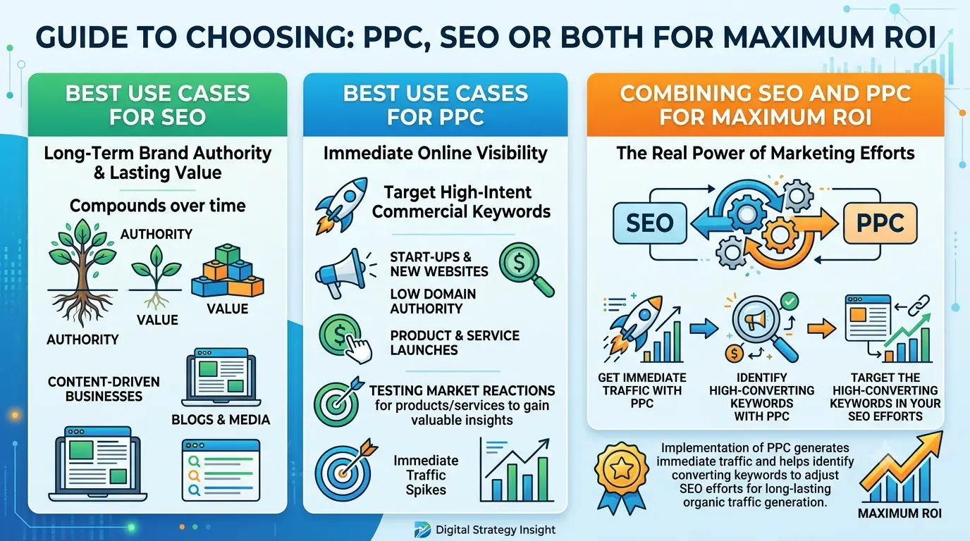 When it comes to achieving the highest ROI, is it better to use PPC, SEO or both. This image shows the best combination falling on using both strategies.