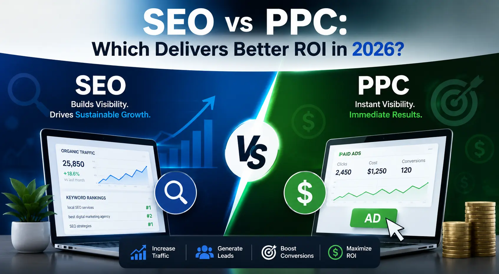 A graphic representation of SEO vs PPC